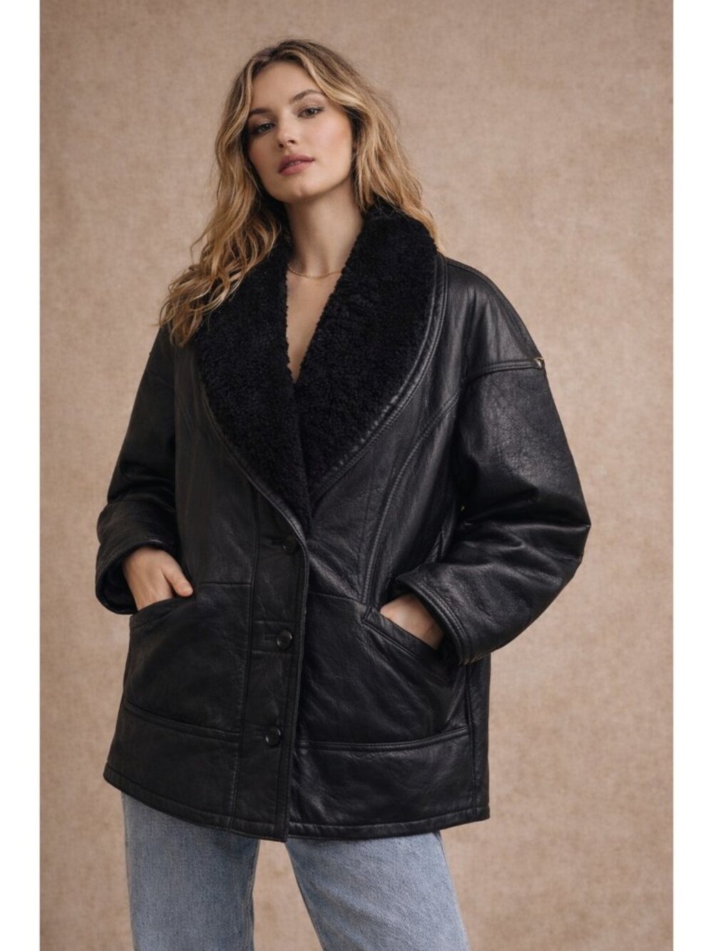 LNR Shearling Sheepskin Leather Coat Womens Black Fur Lined Jacket Winter Size M